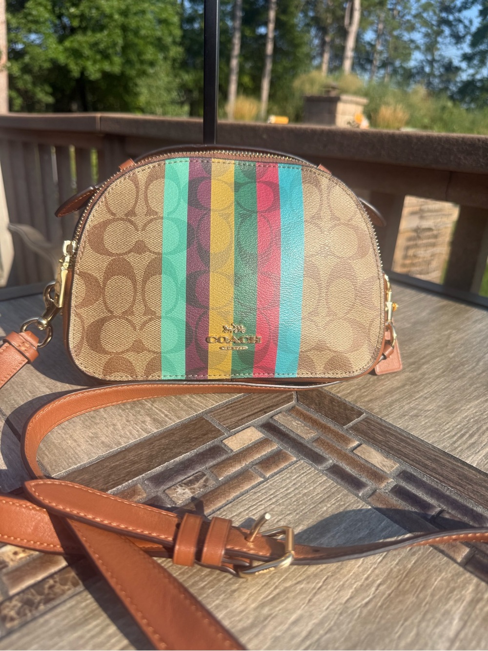 EUC Coach Serena Satchel in Signature Canvas with Stripe Brown Crossbody